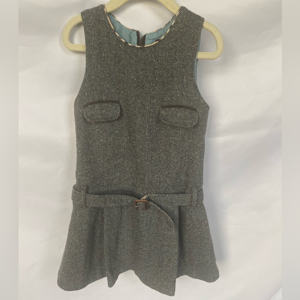 Burberry gray herringbone tweed wool dress with belt, size 5, fully lined.